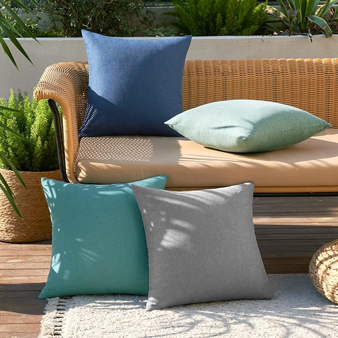 MIULEE Pack of 4 Decorative Outdoor Throw Pillow Covers Linen Waterproof Pillow Covers Farmhouse Cushion Cases for Patio Garden Tent Balcony Couch Sofa 16x16 inch Blue