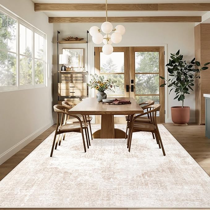 Area Rugs 8x10 Vintage Rug: Large Washable Living Room Rug Retro Medallion Distressed Rugs Soft Low Pile Non-Slip Indoor Floor Carpet for Bedroom Kitchen Nursery Dining Table Office (Beige/Brown)