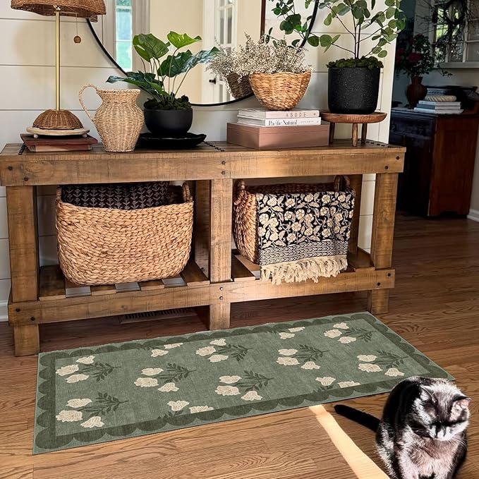 Front Door Mat Indoor Entrance - 2x4.3 Ft Floral Washable Layered Doormat Outdoor Entrance Porch Rug Non-Slip Sage Green Boho Runner Rug for Kitchen Hallway Bedroom Laundry Room Porch Decor
