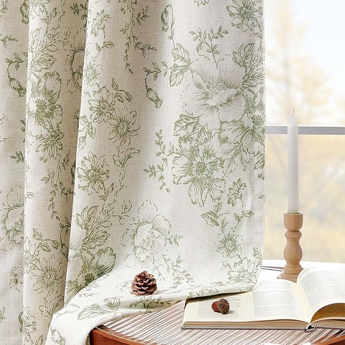 jinchan Blackout Floral Curtains for Living Room Bedroom Linen Blend Curtain Farmhouse Green Printed with Lined Back Tab Rod Pocket Drapes Window Treatments 2 Panels 90 Inch