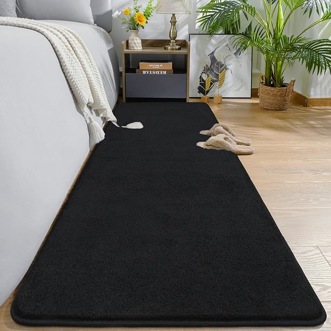 AROGAN 2x8 Feet Shag Runner Rug for Hallways, Washable Rugs with Memory Foam for Bedroom, Entryway Indoor Fluffy Throw Rug for Bedside Living Room Kids Girls Nursery Dorm Room Decor, Black