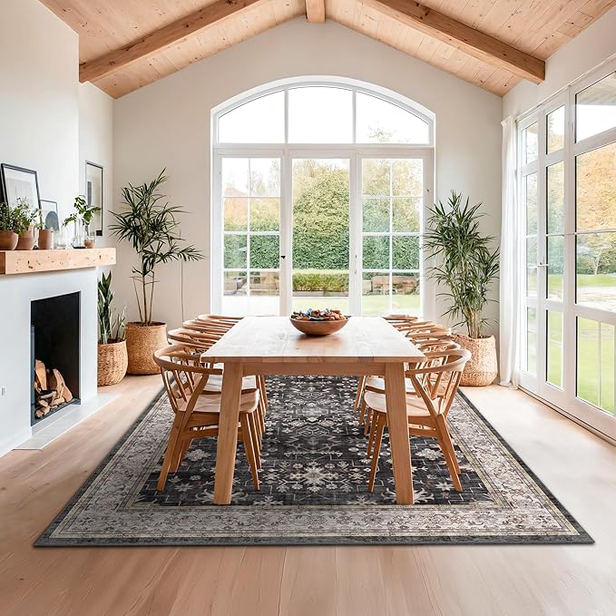 Black Farmhouse Washable 8x10 Area Rugs for Living Room, Bedroom, Dining Room Kitchen Table Rug for Under Table, Office, Dark Charcoal Tumble Stain Resistant Non-Slip Large Washable (8x10 Black/Multi)