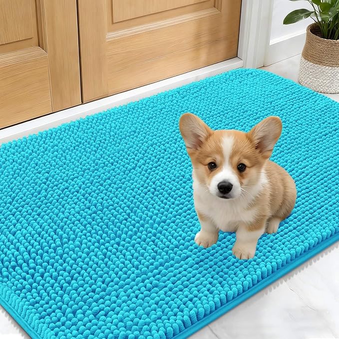 OLANLY Dog Door Mat for Muddy Paws 30x17, Absorbs Moisture and Dirt, Absorbent Non-Slip Washable Doormat, Quick Dry Chenille Mud Mat for Dogs, Entry Indoor Entryway Carpet for Inside Floor, Aqua Blue