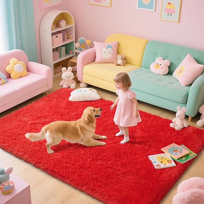 Red Shag Area Rugs for Bedroom Living Room,Ultra Soft Fluffy Christmas Area Rugs 4X6 for Dorm, Indoor Carpet Nursery Rugs for Kids Girls Room Home Decor,Red