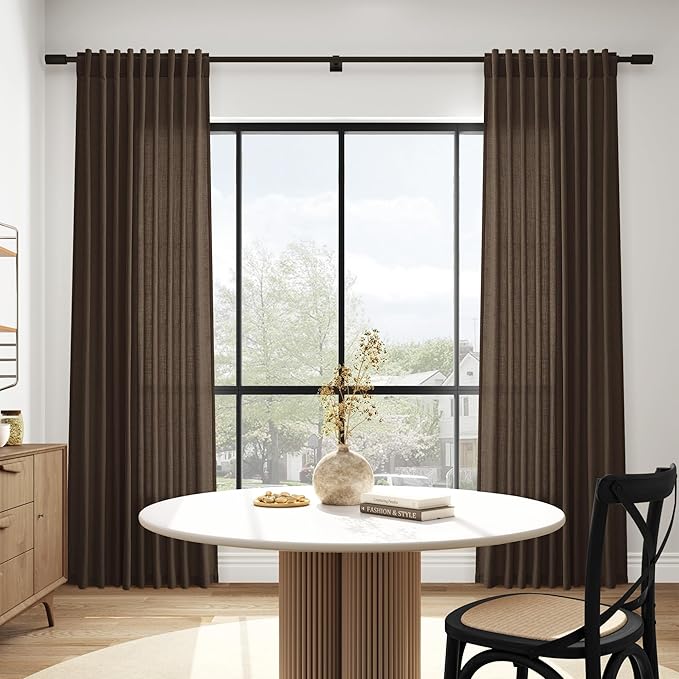 Extra Long Curtain Chocolate Morden Linen Blend Light Filtering Back Tab Curtains for Long Winodws 120 Inches Length, Semi Sheer Privacy Drapes for Living Room,52x120 inch, 2 Panels