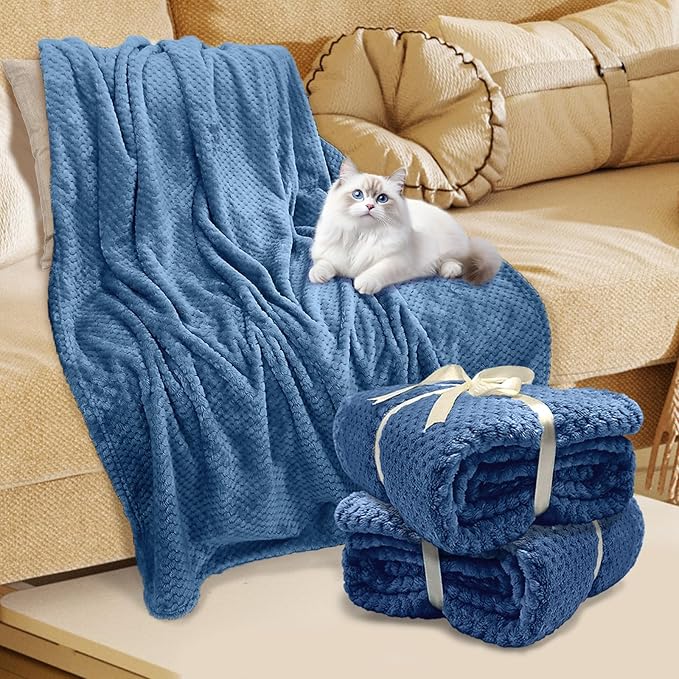 4 Pack Fleece Throw Blankets 50x60 Inches – 270 GSM Ultra Soft Flannel, Oeko-TEX Standard 100 Certified, Lightweight 3D Waffle Texture, No Shedding/Pilling, for Bed, Couch, Sofa, All Season (Blue)