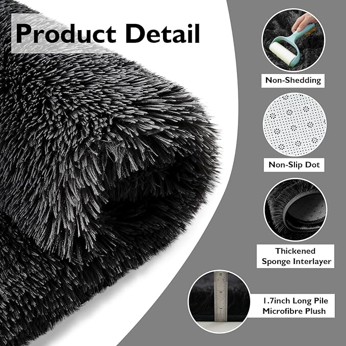Ultra Soft Fluffy Area Rugs for Bedroom Living Room 10x14, Nursery Rug, Non-Slip Carpet for Kids Dorms Decor, Shaggy Bedside Rug, Black
