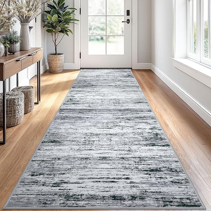 Lansny Modern Abstract Runner Rug 2.6x10, Black Grey White Washable Long Kitchen Runner Non-Slip Soft Hallway Rug Runner Thin Print Faux Wool Carpet for Entryway Bedroom Laundry Room Indoor Home Decor