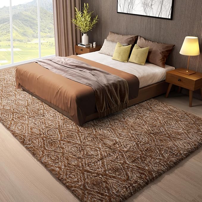 Ophanie Brown and White Diamond Striped Rugs for Living Room 8x10, Fluffy Shag Large Fuzzy Plush Soft Carpets, Shaggy Rugs for Bedroom, Carpet for Kids Boys Girls Dorm Nursery Home Decor Aesthetic