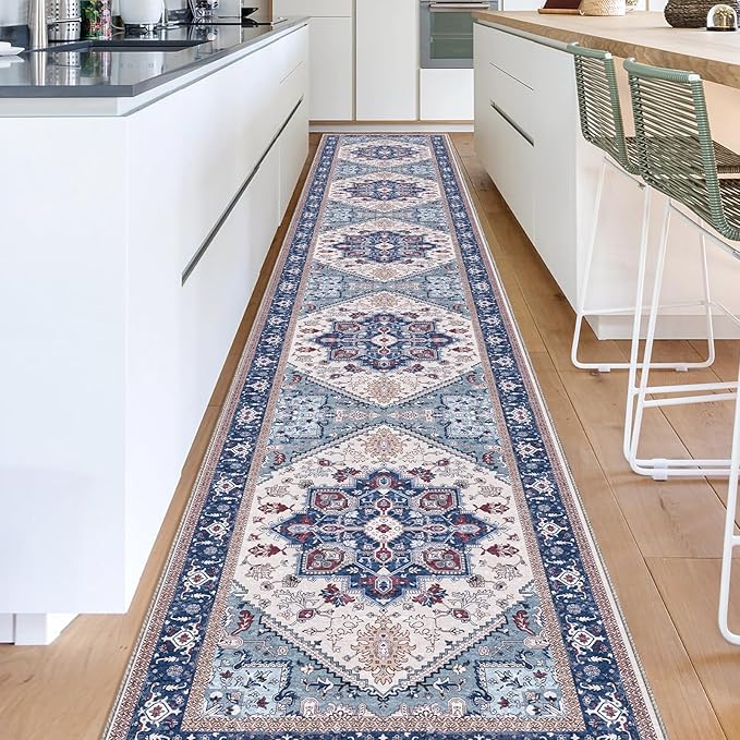 OPPODREAM Soft Entryway Rug 2x12, 2x12 Rug Runner, Washable Hallways Carpet 2 x 12 with Non Slip Backing, Low-Pile Bedside Carpet 2 x 12, Long, Faux Cashmere, Navy Blue & Red & Cream