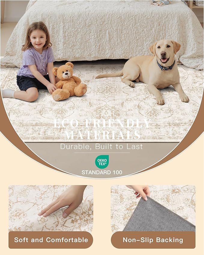 Madane 8x10 Area Rugs for Living Room, Machine Washable Vintage Rug with Non-Slip Backing, Soft Floral Print Large Throw Rugs, Thin Carpet for Bedroom Dining Room Farmhouse (8 x 10, Wood/Ivory)