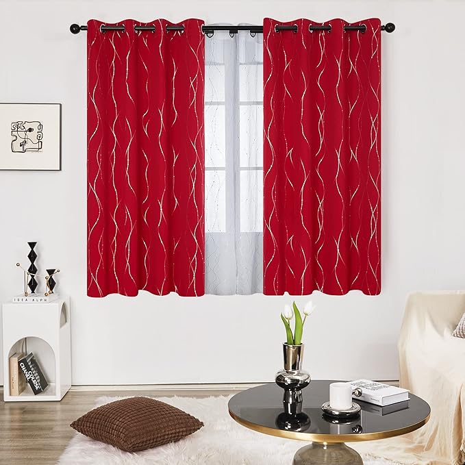Deconovo Red Curtains, Christmas Drapes, Blackout Thermal Insulated Noise‑Reduced Drape, Wave Line Dot Foil Print, 52 x 63 Inch, 2 Panels, Machine‑Washable Window Curtain for Party Living Room Bedroom