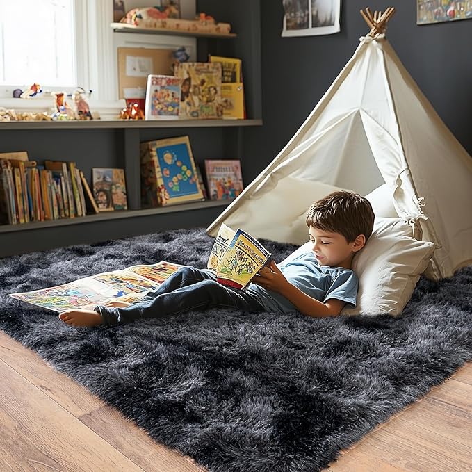 Pionblank Fluffy Area Rug for Bedroom 4x6 Feet, Indoor Plush Carpet, Shag Soft Bedside Rug, Cute Comfy Furry Rug for Living Room Dorm Girls Boys Room Nursery Decor, Dark Grey