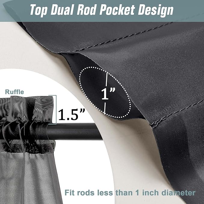 Black Valances for Windows 14 inch Length 2 Panels Set, Small Voile Sheer Curtains for Bathroom, Soft Fabric Lightweight Light Filtering Kitchen Curtains, Dual Rod Pocket, 2x42Wx14L Inches