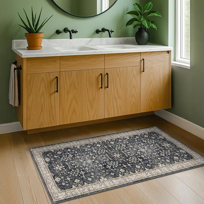 2x4 Entryway Runner Rugs, Small Runners for Kitchen, Door Mat Indoor Entrance, Bathroom, Non-Slip Low-Pile Washable Stain Resistant, Vintage Ashen Charcoal Floral Decor (Ashen/Multi)