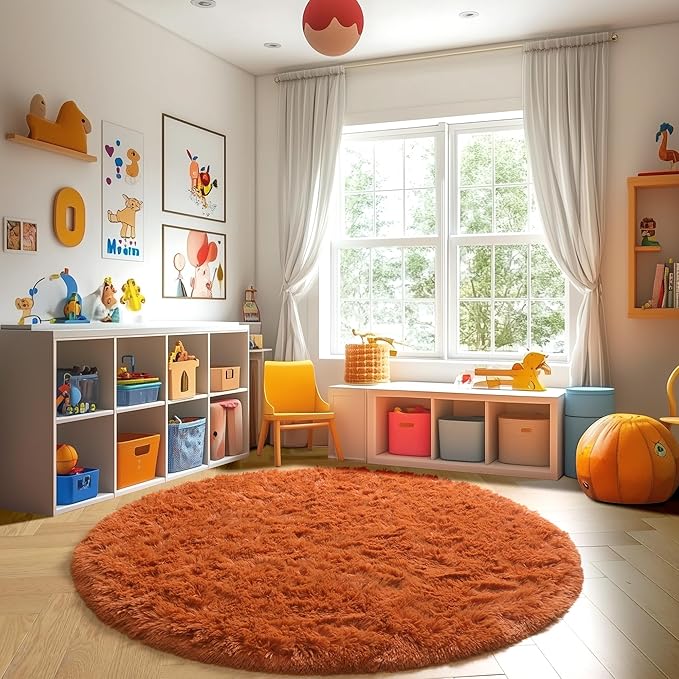Amdrebio Burnt Orange Small Round Circle Rug 3Ft for Bedroom Living Room Aesthetic, Fluffy Fuzzy Furry Shaggy Area Rugs for Kids Room Decor, Plush Shag Dark Orange Carpet for Nursery Dorm Classroom
