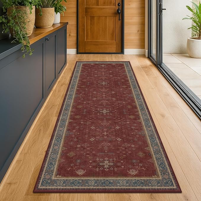 Dark Red 2'6''x8' Wide Hallway Runner Rug - Washable Kitchen Sink Rug, Non Slip 8ft Long Runner Rug for Entryway, Burgundy Turkish Floral Print Home Décor
