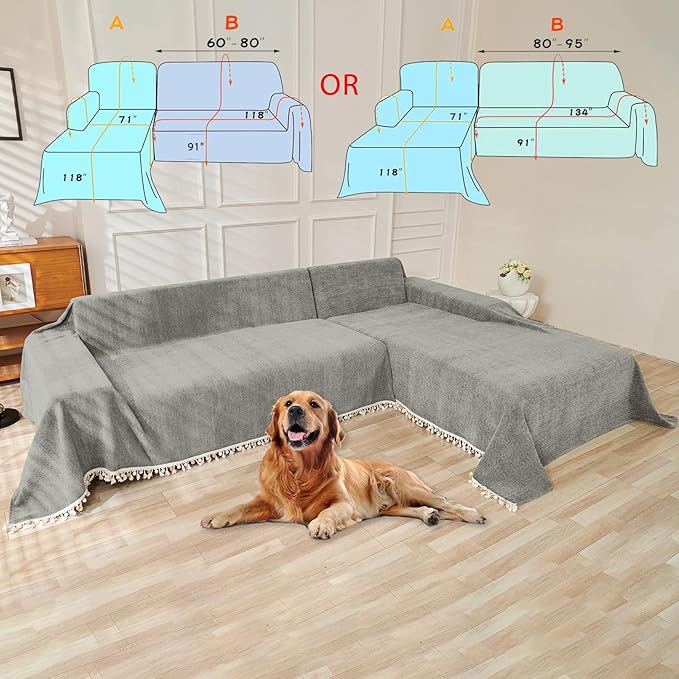 HANDONTIME Couch Slipcovers for Sofas Dark Grey Couch Cover Sofa Cover for Dogs Boho Pet Couch Protector with Tassel Sectional Throw Cover Chenille Herringbone Couch Cover for 3 Seat Sofa, 91" X150"