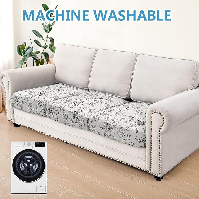 Leather Look Couch Cushion Covers Sofa Seat Slipcovers Sets Couches Furniture Protector for Sectional Armchair Loveseat Pets Kids Stretch Spandex Fabric (3 Cushion Sofa, Beige 02Flower)