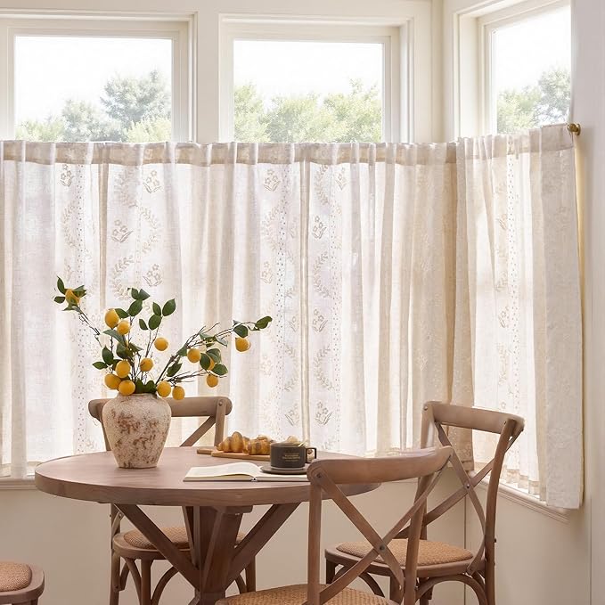 jinchan Belrose Linen Floral Cafe Curtains 45 Inch Length Embroidered Farmhouse Curtains for Kitchen Bedroom Bathroom Small Windows Curtain Set Light Filtering 2 Panels Ivory
