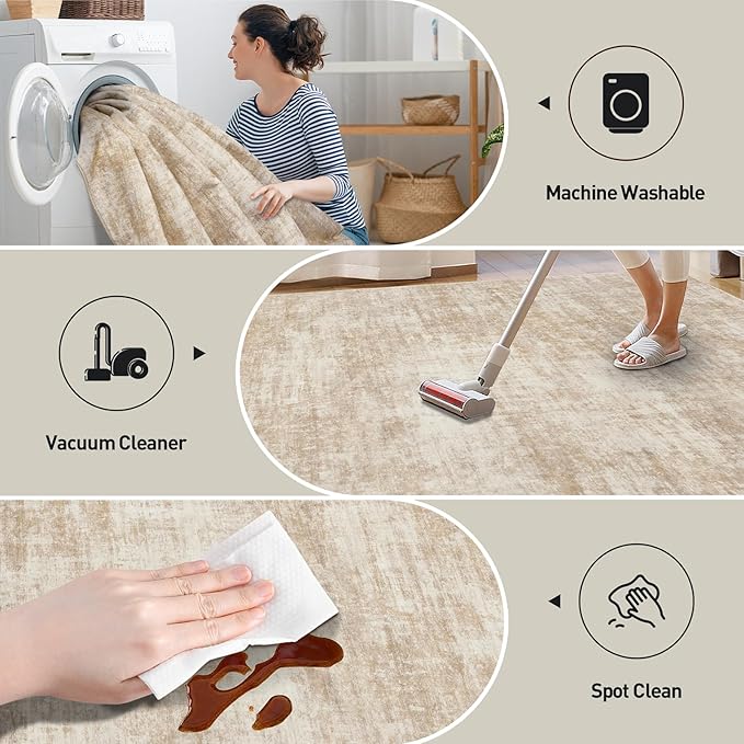 9x12 Area Rugs Washable Rug: Modern Abstract Living Room Rug Soft Anti-Skid Thin Carpet Indoor Floor Non-Shedding Carpets for Bedroom Dining Room Farmhouse Nursery Home Office Beige