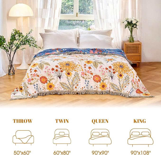 MSGKV Boho Throw Blanket for Bed 60"x80" Cotton Floral Twin Size Blanket Lightweight Farmhouse Muslin Spring Breathable Couch Blankets Home Decor All Seasons