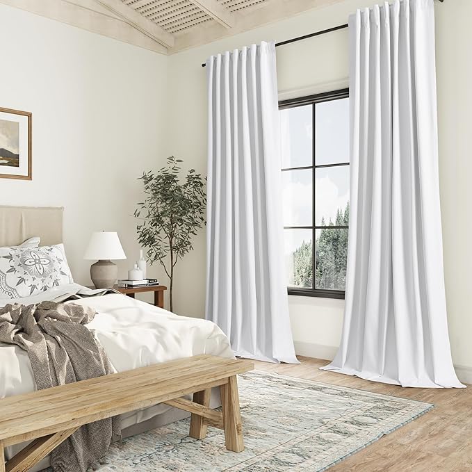 Guken White 100% Blackout Linen Curtains 144 Inch Length 2 Panels Set for Living Room Bedroom Back Tab Thermal Insulated Black Out Drapes Room Darkening Window Curtains