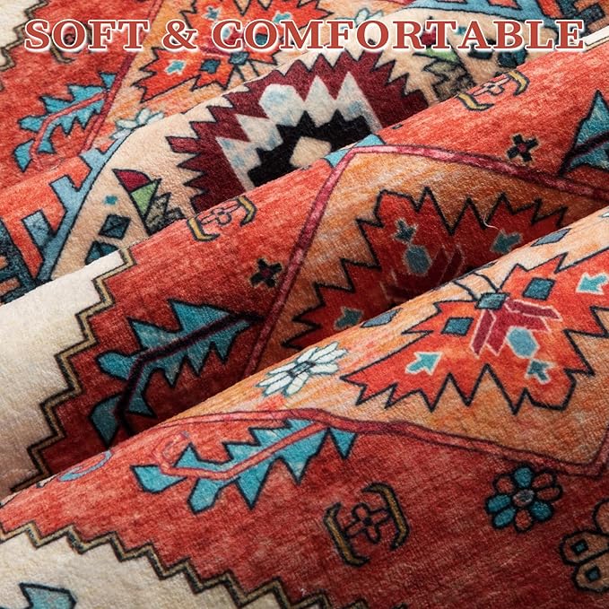 SERISSA 5x8 Area Rugs for Living Room, Large Washable Non-Slip Boho Rug, Ultra Soft Vintage Orange Oriental Tribal Print Distressed Carpet for Bedroom Dining Room Dorm Office Home Decor