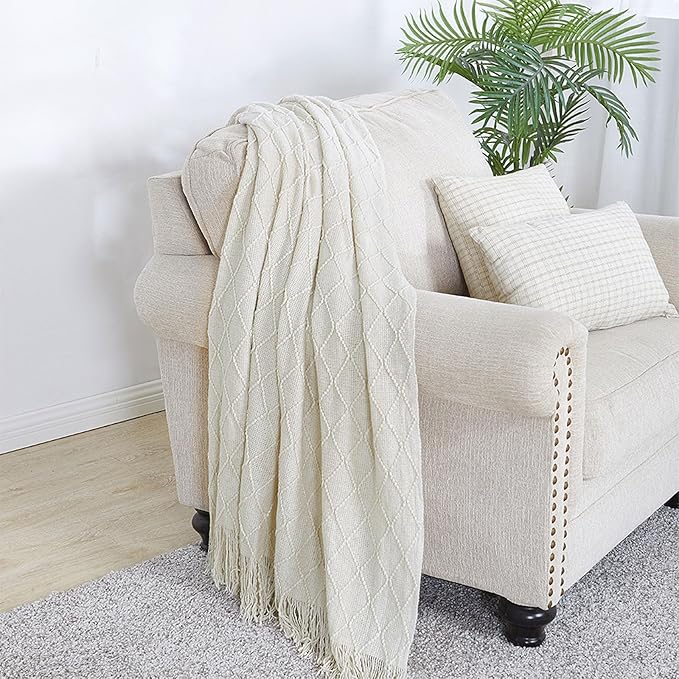 BOURINA Beige Throw Blanket 50 x90 Inches Throw Textured Solid Soft Sofa Throw Bed Runner Couch Cover Knitted Decorative Blanket Bed Runner