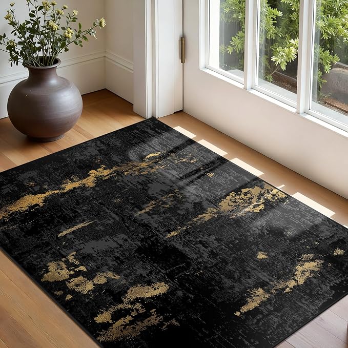 Washable Area Rugs 3'x5' Non-Slip Modern Abstract Soft for Living Room Entryway Bedroom Nursery, Print Pattern, Dark Black Gold