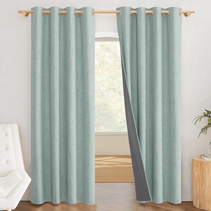 NICETOWN 100% Absolutely Blackout Linen Curtains with Thermal Insulated White Liner, Seafoam Green, 52" Wide, 90" Length Energy Saving Curtains for Living Room 2 Panels Set, Vertical Blinds