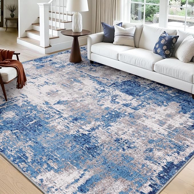 Washable Area Rugs Square 10ft Non-Slip Modern Abstract Soft for Living Room Entryway Bedroom Nursery, Print Pattern, Blue Grey Navy Gray