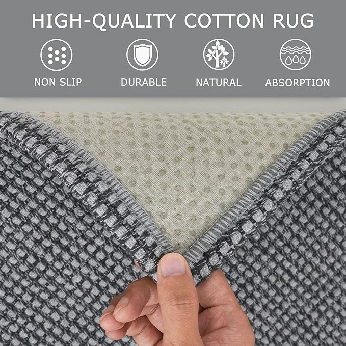 KOZYFLY Long Runners for Hallways 3x12 ft Washable Kitchen Runner Non Slip Rubber Backed Hallway Rugs Cotton Entryway Runner Rug Floor Carpet for Indoor Hall, Backdoor, Kitchen, Grey/Dark Grey