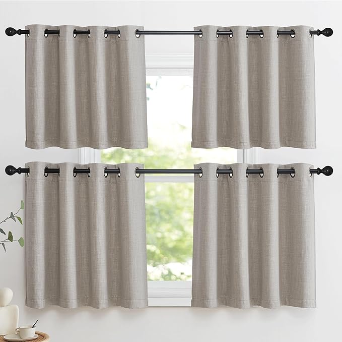 NICETOWN Linen Curtain Valances for Living Room 30 inch Length 2 Panels, Grommet Top Light Blocking Room Darkening Curtains Thermal Insulated Window Tiers for Barhtoom Window, Angora, W50 x L30