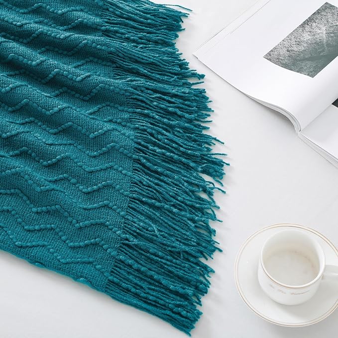 BOURINA Teal Throw Blanket 50x60 Inches Throw Textured Solid Soft Sofa Couch Decorative Knit Blanket