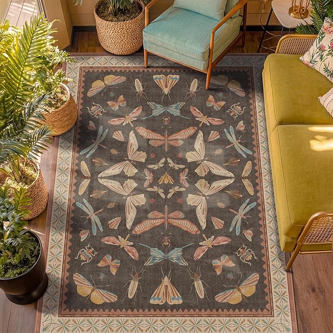 Washable Living Room Area Rug 5x7, Ultra Soft Carpet for Bedroom, Dining Room, Vintage Farmhouse Home Décor, Low Pile Non Slip Stain Resistant Rug (Brown & Orange)