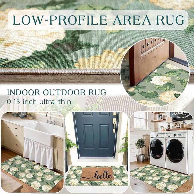 Front Door Mat Indoor Entrance - 2x4.3 Ft Spring Washable Layered Doormat Outdoor Entrance Porch Rug Non-Slip Sage Green Beige Floral Runner Rug for Kitchen Bedroom Laundry Room Porch Decor