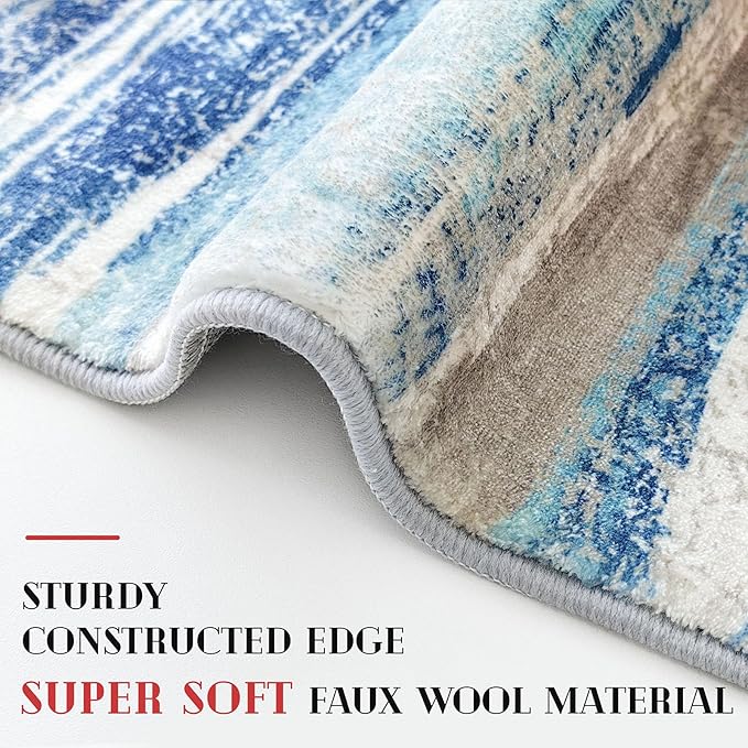 Lansny Modern Abstract Kitchen Rug Set of 2, 2x3 and 2x5 Blue Washable Rug Runner Non Slip Kitchen Mat, Soft Faux Wool Throw Carpet for Entryway, Hallway, Bedroom, Bedside, Laundry Room, Office