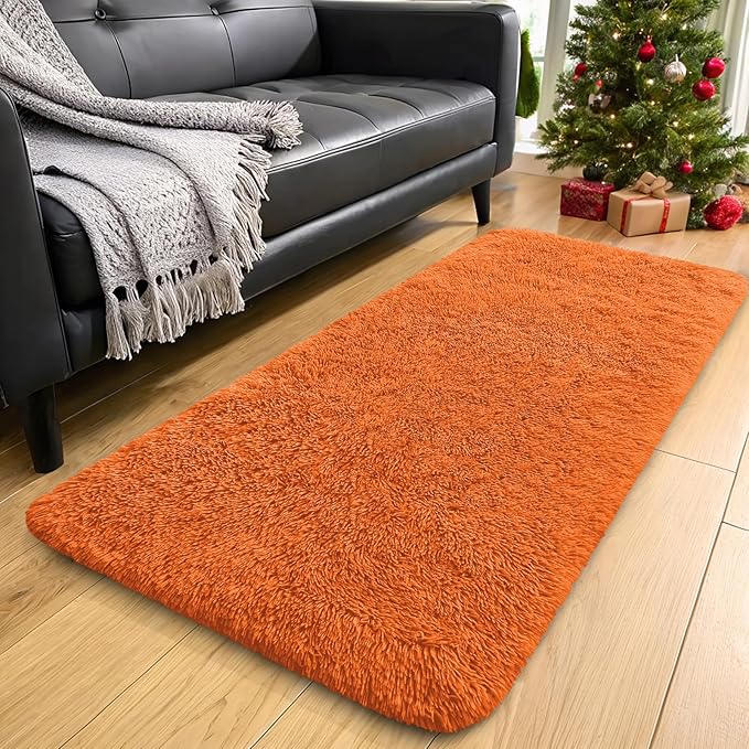 OLANLY 2x8 Machine Washable Runner Rugs for Hallway, Soft Fluffy Shaggy Bedside Rugs for Bedroom, Living Room, Indoor Floor Carpet for Kids Girls and Boys, Nursery Rooms, Home Decor Aesthetic, Orange