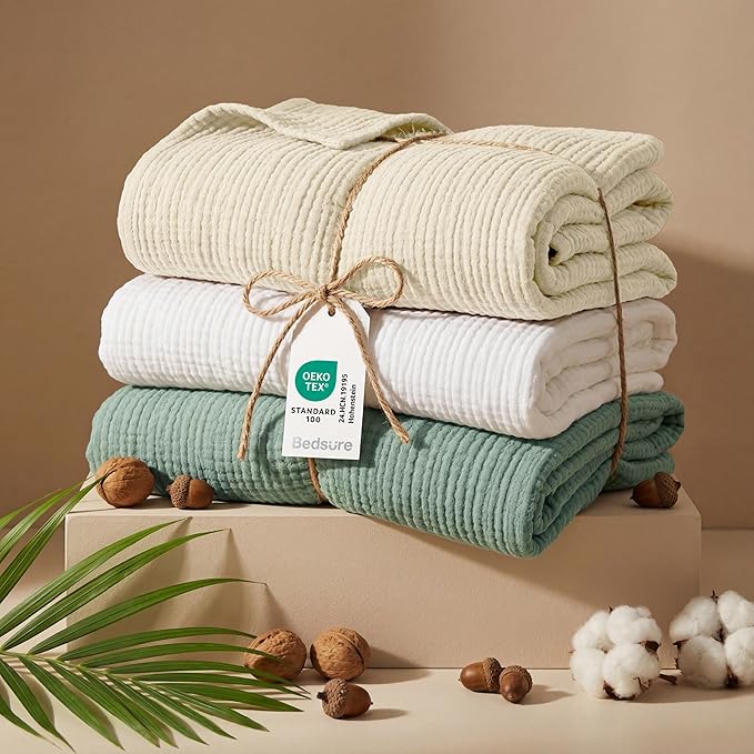 Bedsure 100% Cotton Muslin Throw Blanket Twin XL for Bed - 4-Layer Breathable and Lightweight Thin Soft Summer Gauze Muslin Blankets for Adults, Sage Green, 66x90 Inches