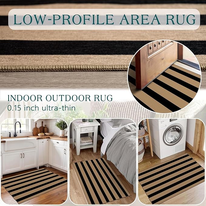 Front Door Mat Outside Entrance - 2x3 Black Tan Striped Non-Slip Washable Doormat Indoor Outdoor Mat Entry Rug Small Throw Rugs for Entryway Kitchen Bedroom Front Porch Decor