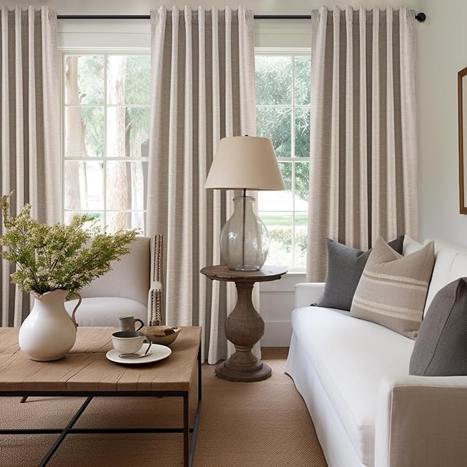 Topfinel 94 Inches Long Taupe Flax Custom Blackout Linen Curtains, Viral Ivory Pinch Pleated Noise Cancelling Curtains with Pin Hooks for Traverse, Burlap Viral Drapes 2 Panels for Living Room