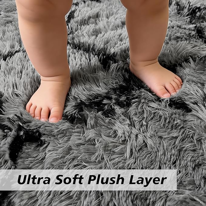 8x10 Fluffy Area Rugs for Living Room,Shag Area Rug for Bedroom,Geometric Soft Fuzzy Rug Non-Shedding Indoor Plush Carpet for Kids Bedroom Nursery Home Decor,Grey and Black