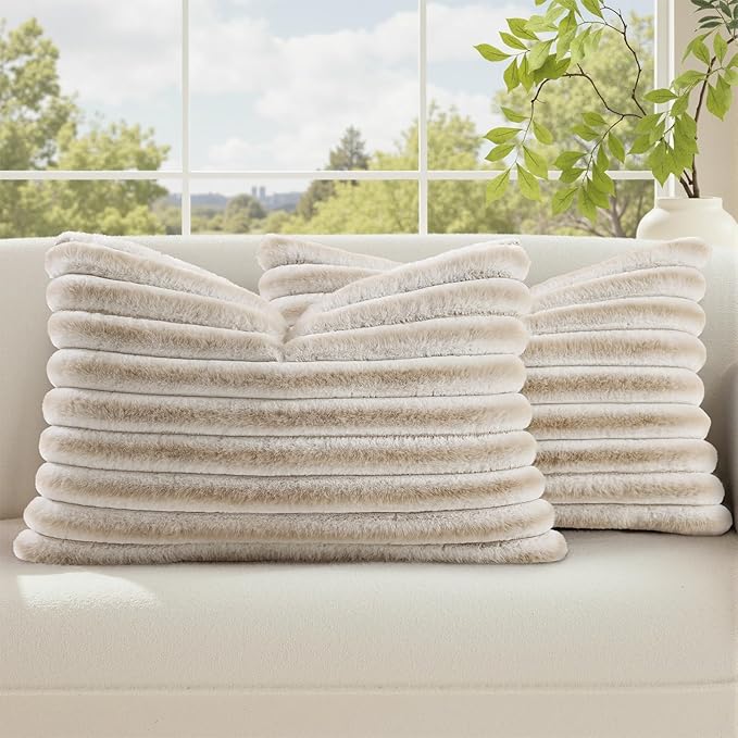 decorUhome Summer Cozy Faux Fur Throw Pillow Covers 12x20 Set of 2 Decorative Soft Plush Striped Lumbar Modern Farmhouse Boho Couch Pillow Cases with Velvet Back for Sofa Bed Living Room, Beige White