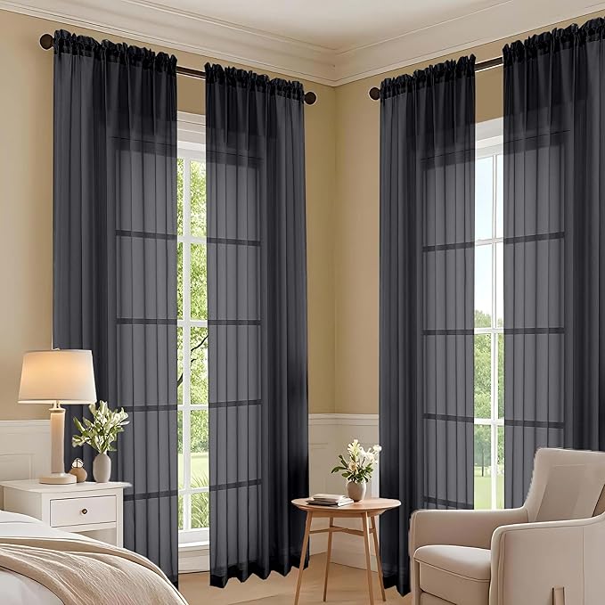 OVZME Black Sheer Curtains 120 Inches Long 2 Panels Set, 59 Inch Extra Wide Soft Airy Lightweight Sheer Curtains for Living Room, Farmhouse Voile Filmy Rod Pocket Drapes, 59Wx120L Inches