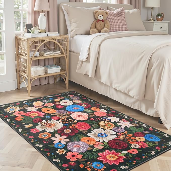 Floral Machine Washable Rug Black/Brown, 3x5 Rug Non Slip Soft Bedroom Rugs for Entryway Dorm, Ultra-Thin Rugs for Bedroom Stain Resistan(3 x 5, Black/Brown)