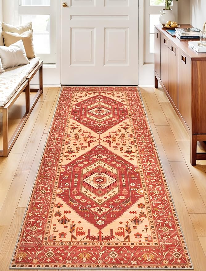 SERISSA Boho Washable Runner Rug, 2x5 Rug Runner Non-Slip Vintage Red Hallway Kitchen Runner Rug Ultra Soft Print Distressed Floor Carpet Runner for Bedroom Bathroom Laundry Living Room