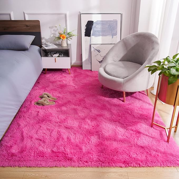 Amearea Premium Soft Area Rug 4x5.3 Feet, Pink Rugs for Living Room, Fluffy Carpet for Bedroom Nursery Playroom Teen Bedside Home Decor, Comfortable Indoor Furry Dorm Carpets, Hot Pink