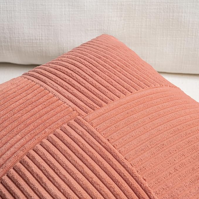 Fancy Homi 2 Packs Coral Long Lumbar Decorative Throw Pillow Covers 16x24 Inch for Couch Bed Sofa, Rustic Farmhouse Boho Home Decor, Soft Striped Corduroy Rectangle Accent Peach Cushion Case 40x60 cm