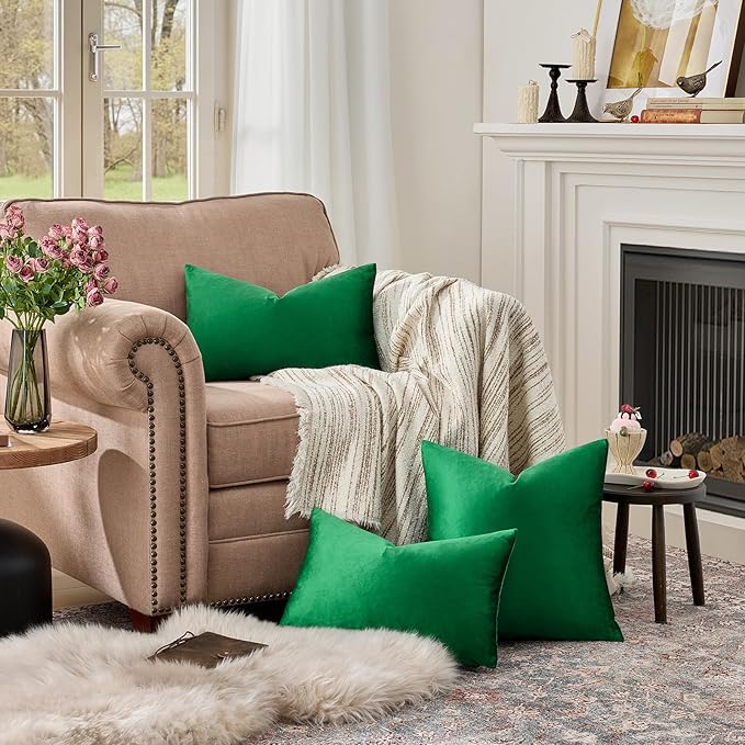GIGIZAZA Decorative Small Lumbar Pillow Covers, Set of 2 Cushion Covers Velvet Forest Green Pillows,Sofa Throw 12 X 20 Pillow Covers